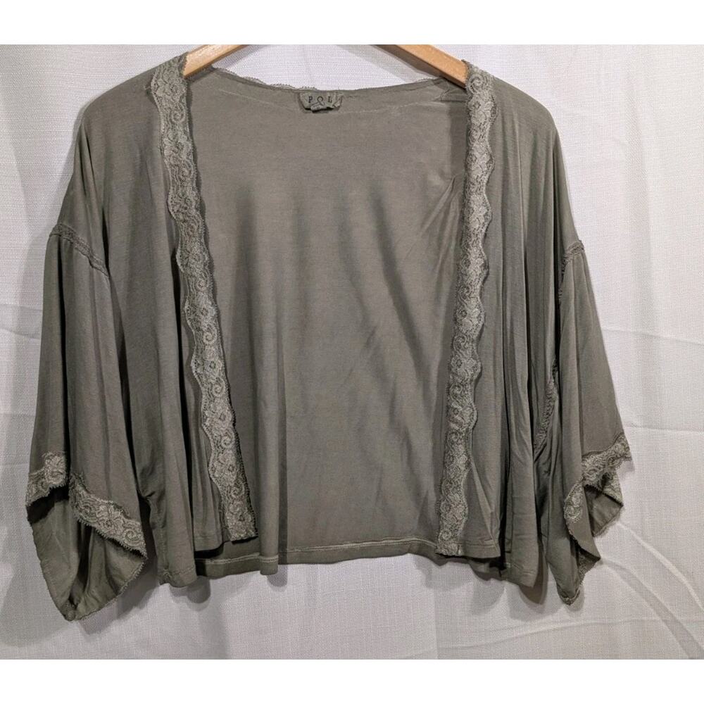 POL Women's Dainty Lace Olive Green Short Sleeve Cardigan Cover Sz M